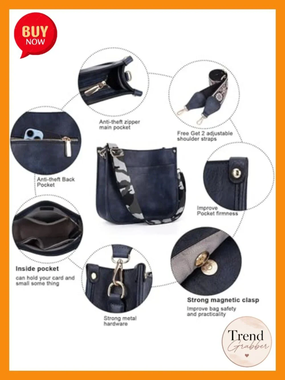 Vegan Leather Hobo Crossbody Bag with 2 Adjustable Straps